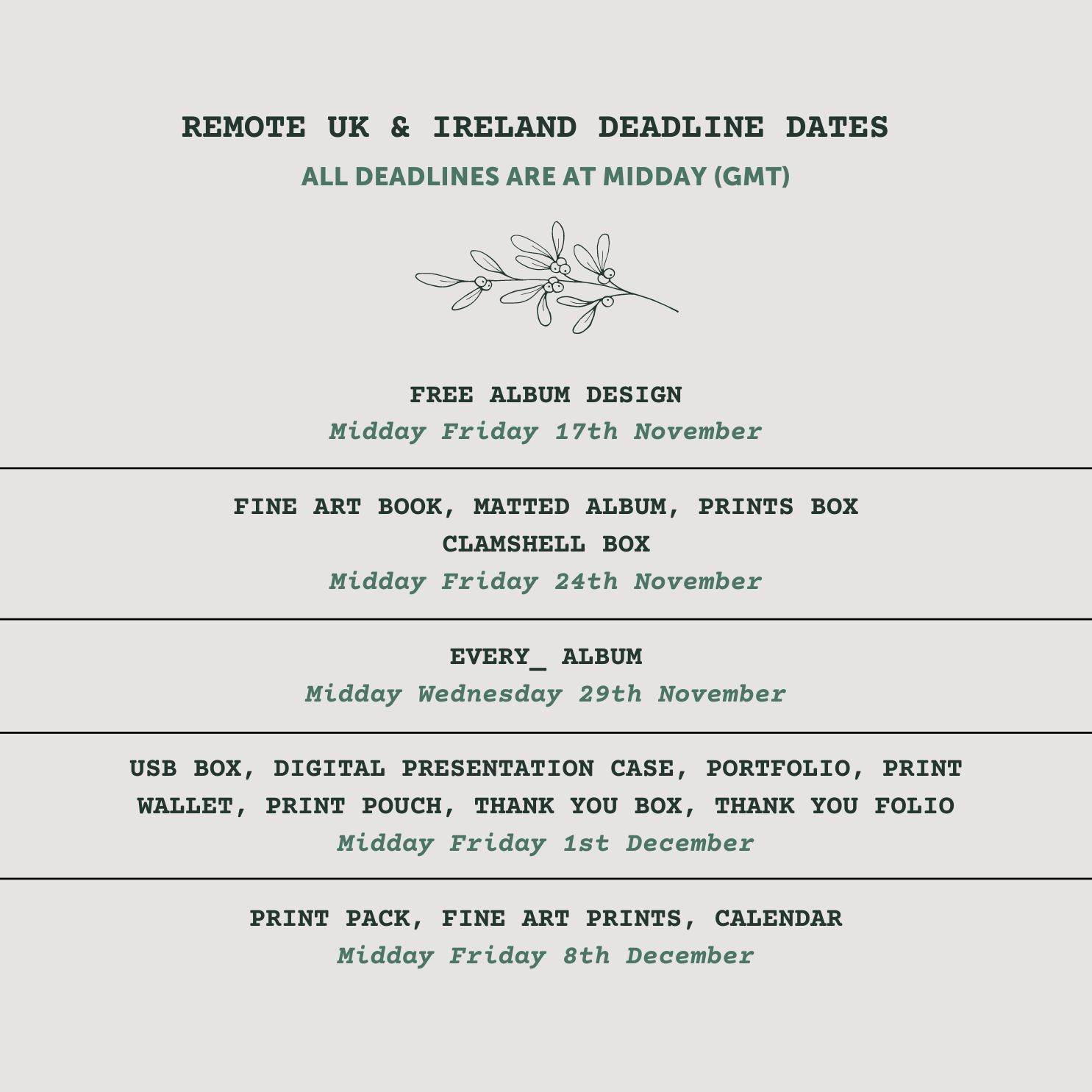 folio albums christmas deadlines  Ireland 