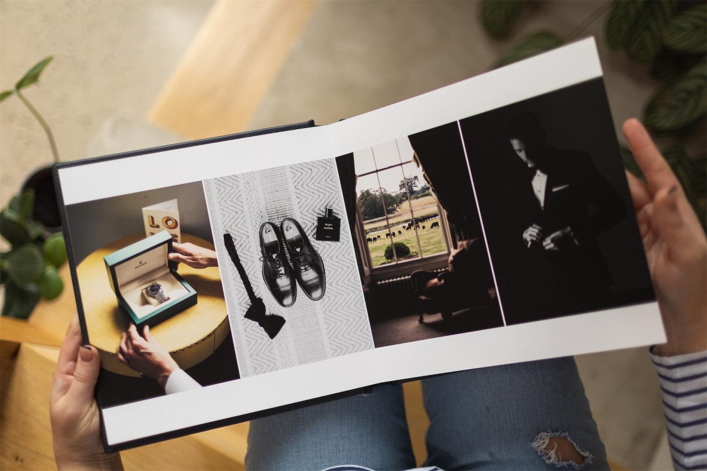 Luxury wedding album made in the UK opened and showing high-quality print