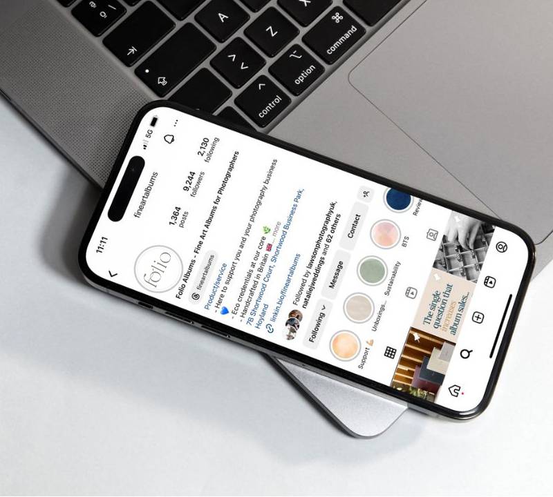 Folio Albums Instagram page on a moile